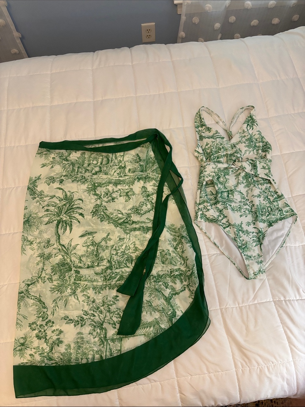 Amazon Green and White Toile One-Piece Swimsuit with Sheer Green Wrap